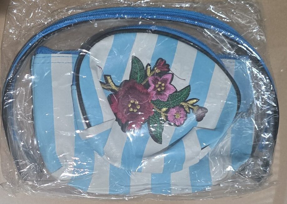 pack of three white cosmetic bags with stripes, flowers, transparent - Image 2