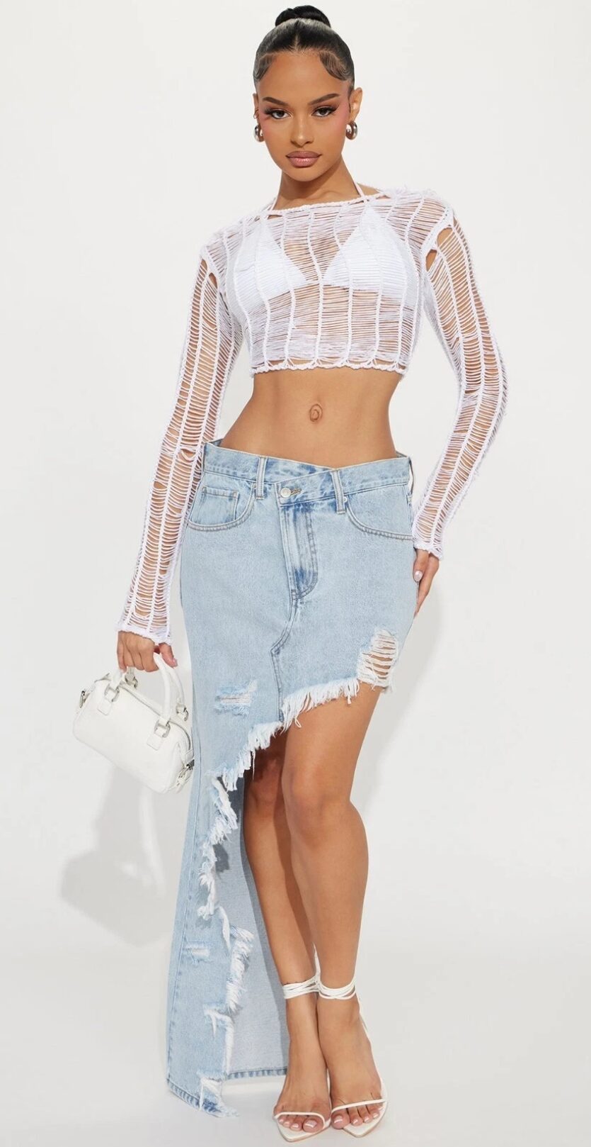 On Point Distressed Denim Long Skirt - Light Wash - Image 3