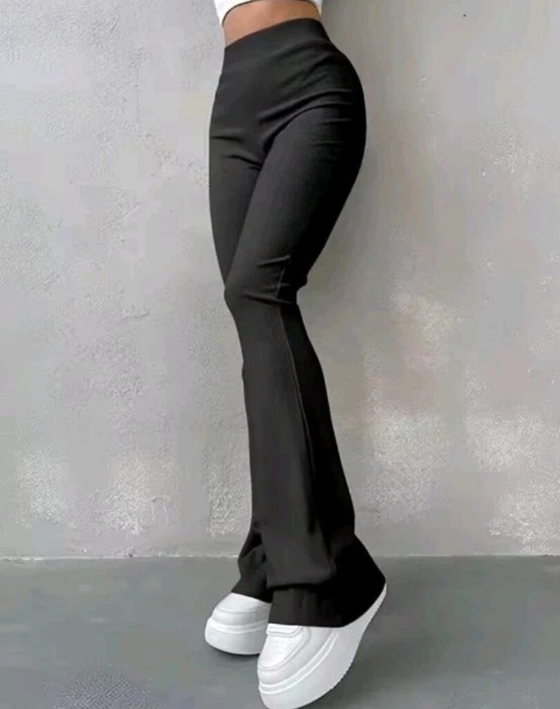 Women's Sexy Skinny Pants, Ribbed Solid Color Flare Pants, High Waist, Size XL - Image 2