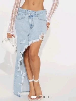On Point Distressed Denim Long Skirt - Light Wash