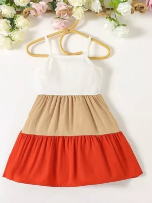 Baby Girl Color Matching Strap Dress with Ruching Perfect for Summer.Size 18-24M
