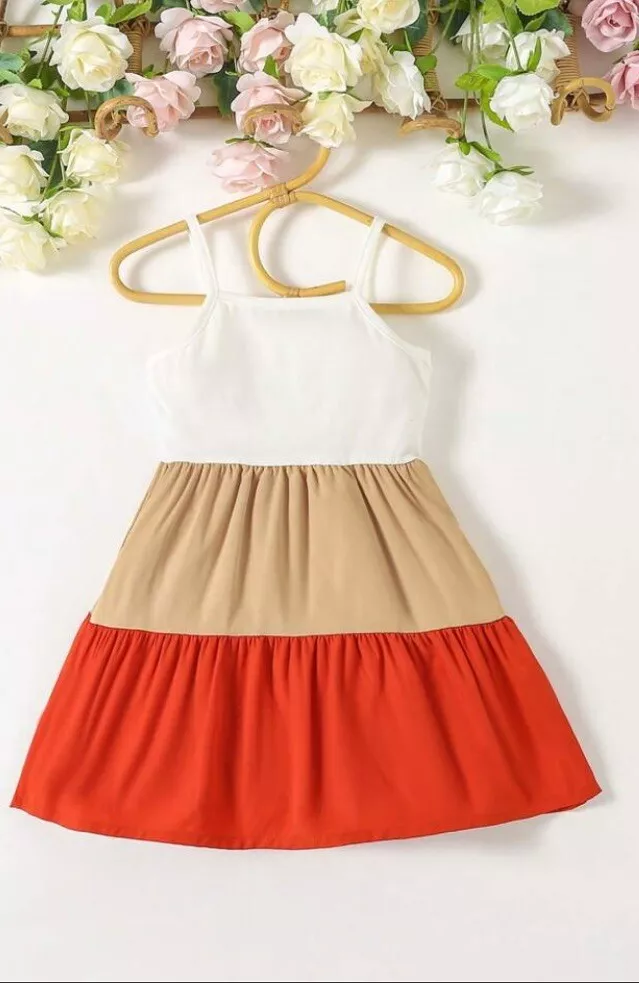Baby Girl Color Matching Strap Dress with Ruching Perfect for Summer.Size 18-24M