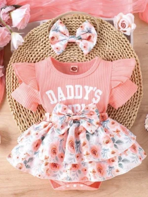 Baby Girl's Cute Soft Letter Print Flower Design 2 Piece Dress Set aize 6-9M