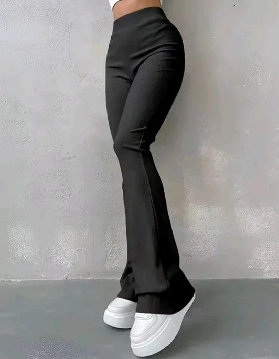 Women's Sexy Skinny Pants, Ribbed Solid Color Flare Pants, High Waist, Size XL